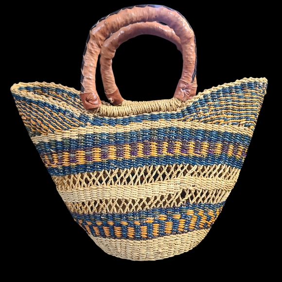 Hand Crafted Blue, Yellow & Natural Woven Straw Tote with Leather Handles - Picture 2 of 3